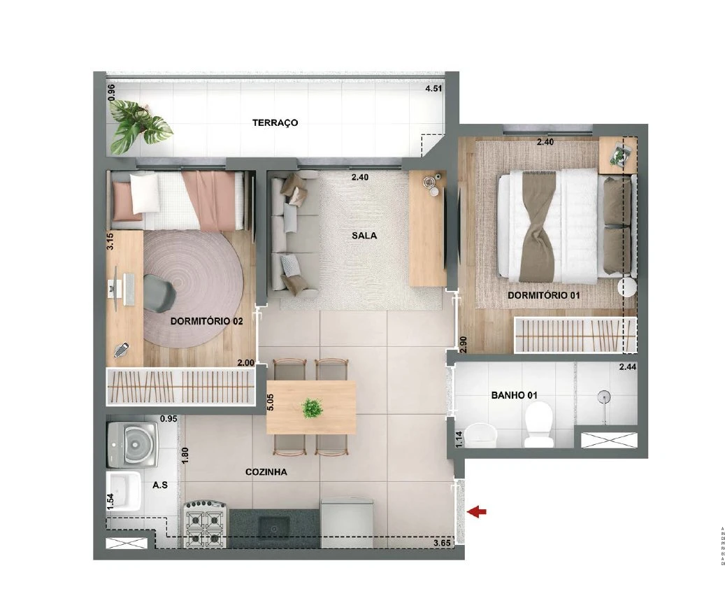 Planta 42,22m² - 2 dormitórios com varanda 0
