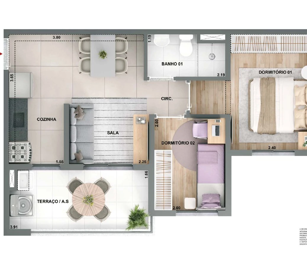 Planta 44,08m² - 2 dormitórios com varanda 0