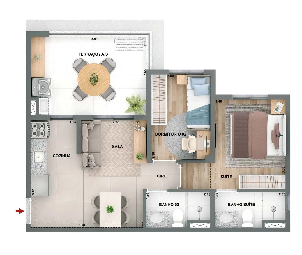 Planta 51,60m² - 2 dormitórios com suíte e varanda 0