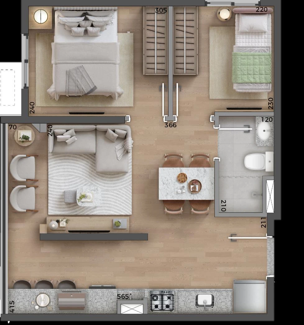 Planta 2 dormitórios - Tipo ponta ampliada - 40,30 m² 0