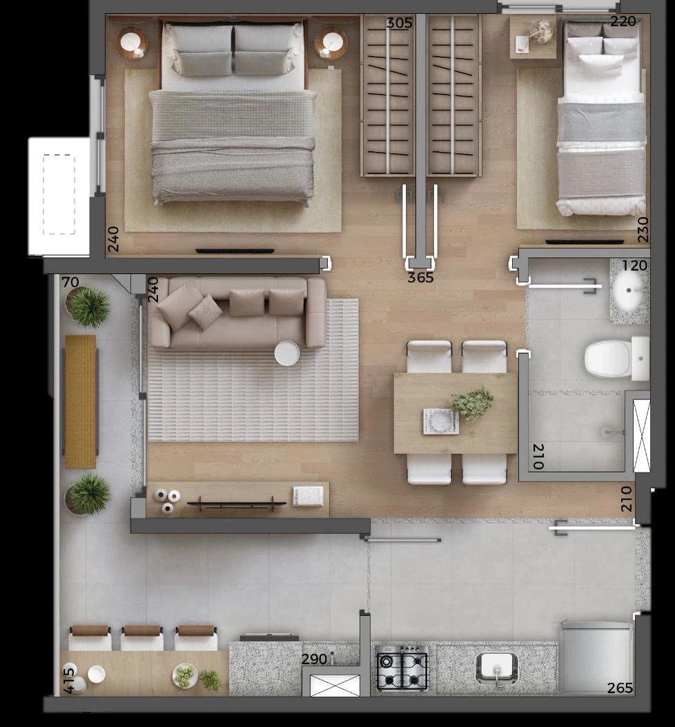 Planta 2 dormitórios - Tipo ponta - 40,30 m² 0