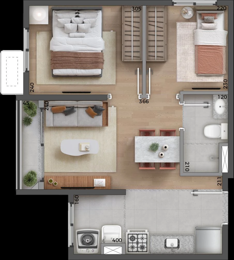 Planta 2 dormitórios - Tipo ponta - 36,77 m² 0