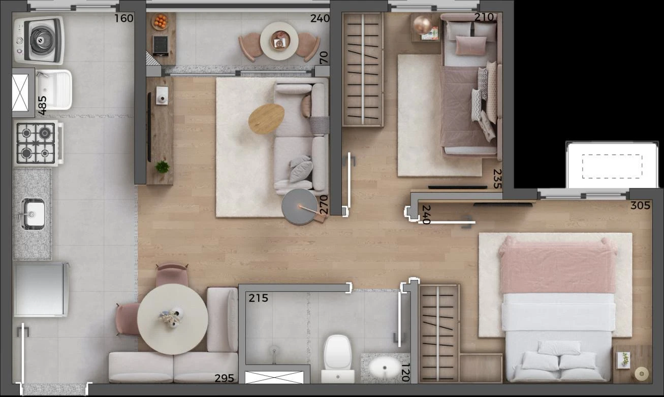 Planta 2 dormitórios - Tipo meio - 38,99 m² 0