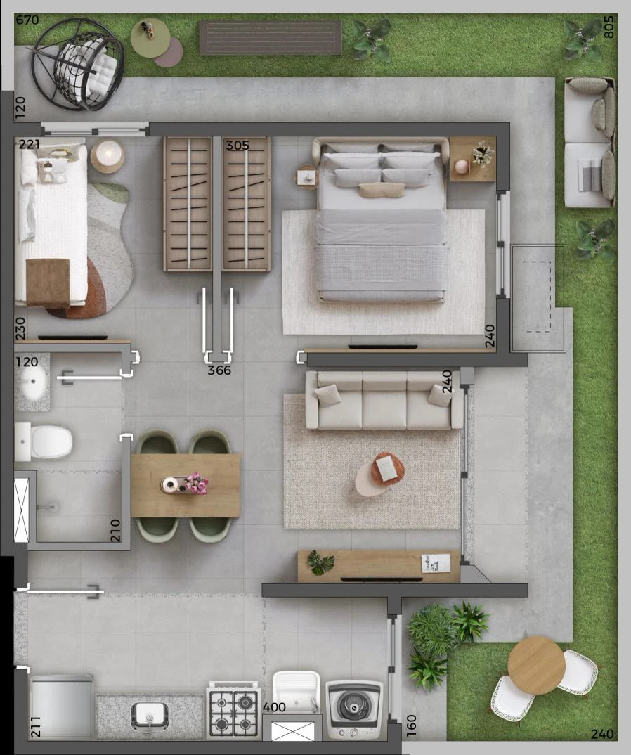 Planta Garden 2 dormitórios - Ponta térreo - 56,82 e 59,17 m² 0