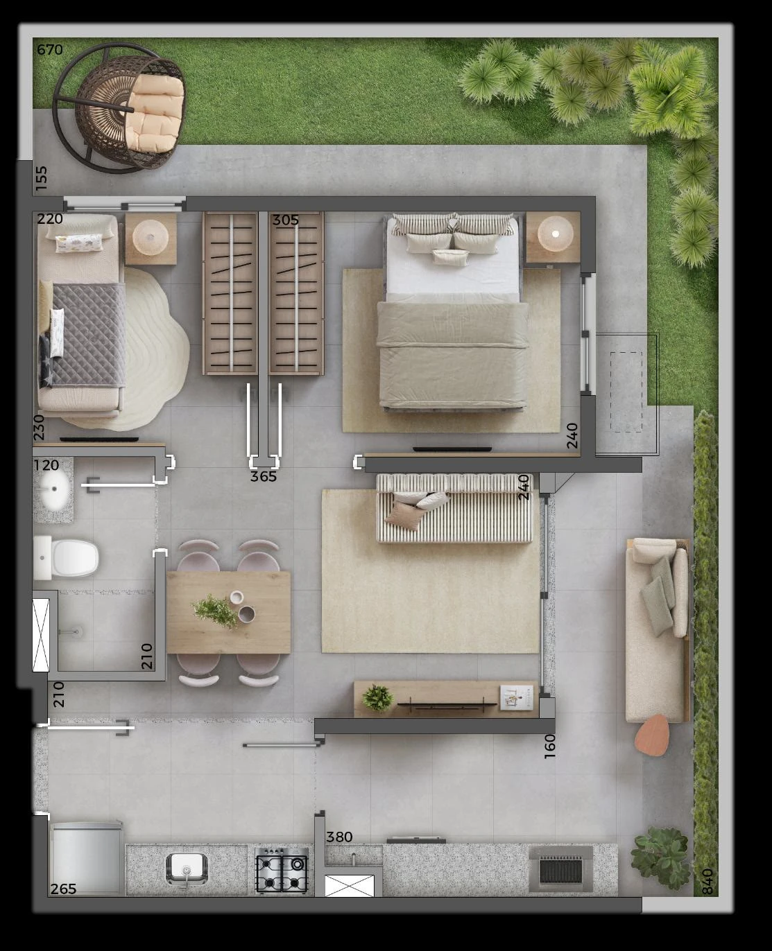 Planta Garden 2 dormitórios - Ponta térreo - 59,92 e 59,26 m² 0