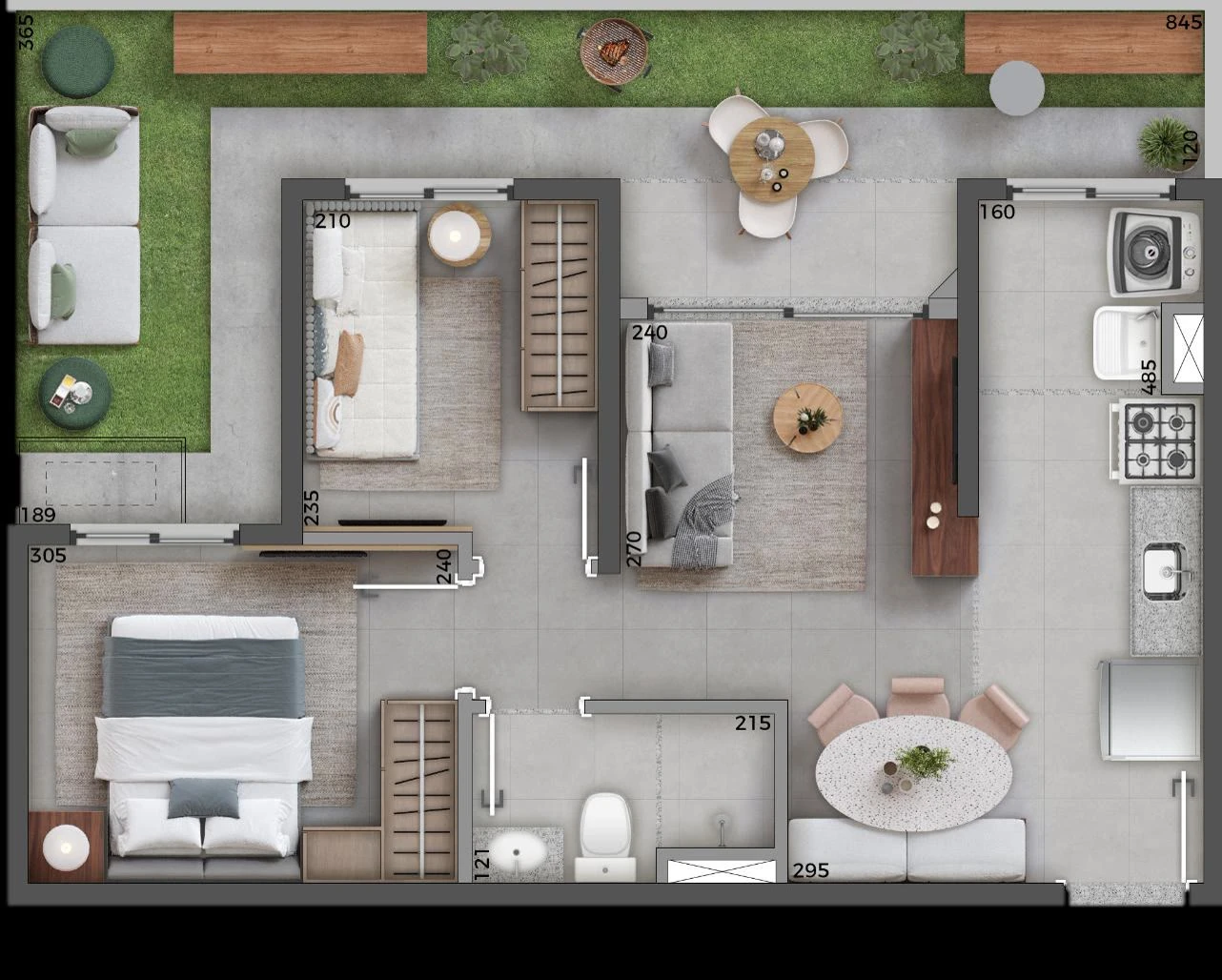 Planta Garden 2 dormitórios - Meio térreo - 55,57 m² 0