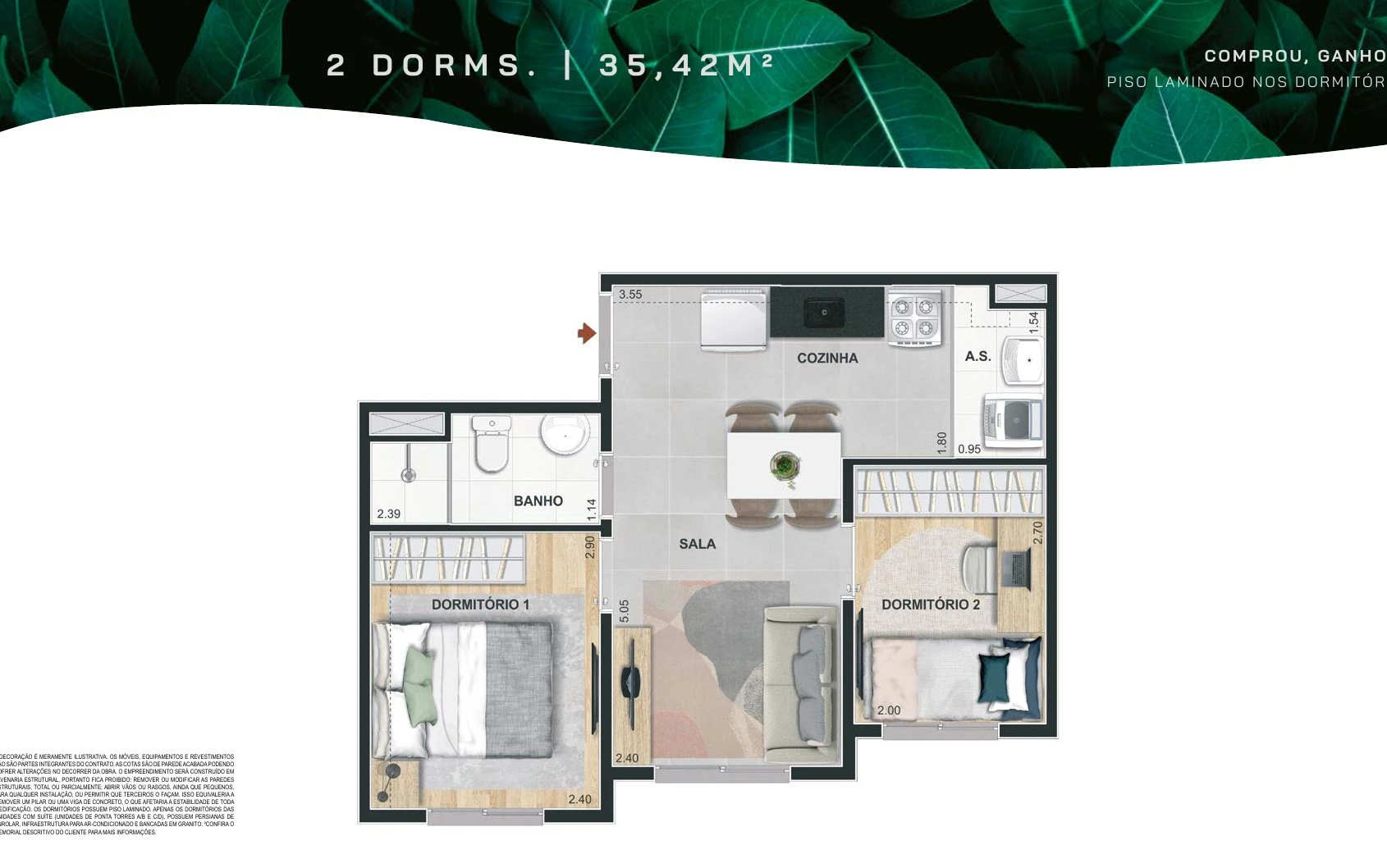 Planta 35m² - 2 dormitórios (opção 2) 0