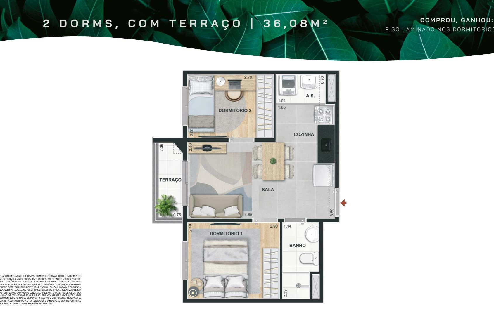 Planta 36m² - 2 dormitórios com terraço 0