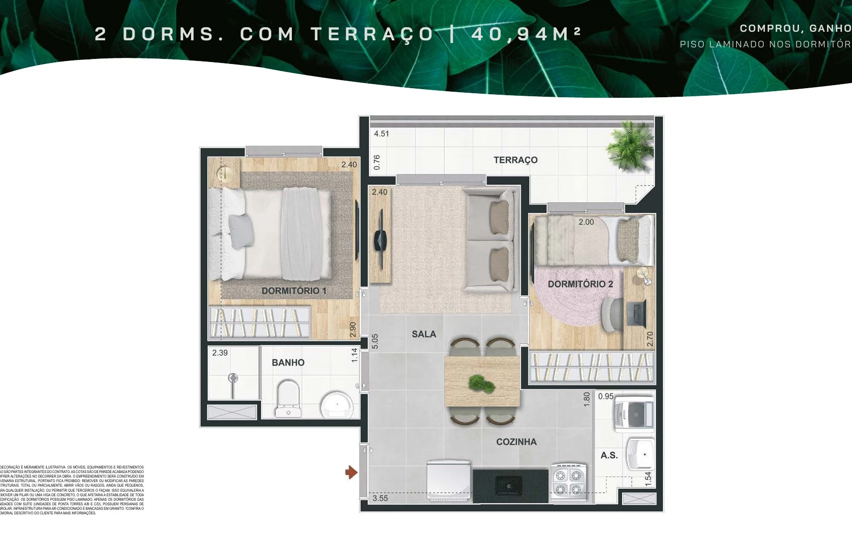 Planta 41m² - 2 dormitórios com terraço 0