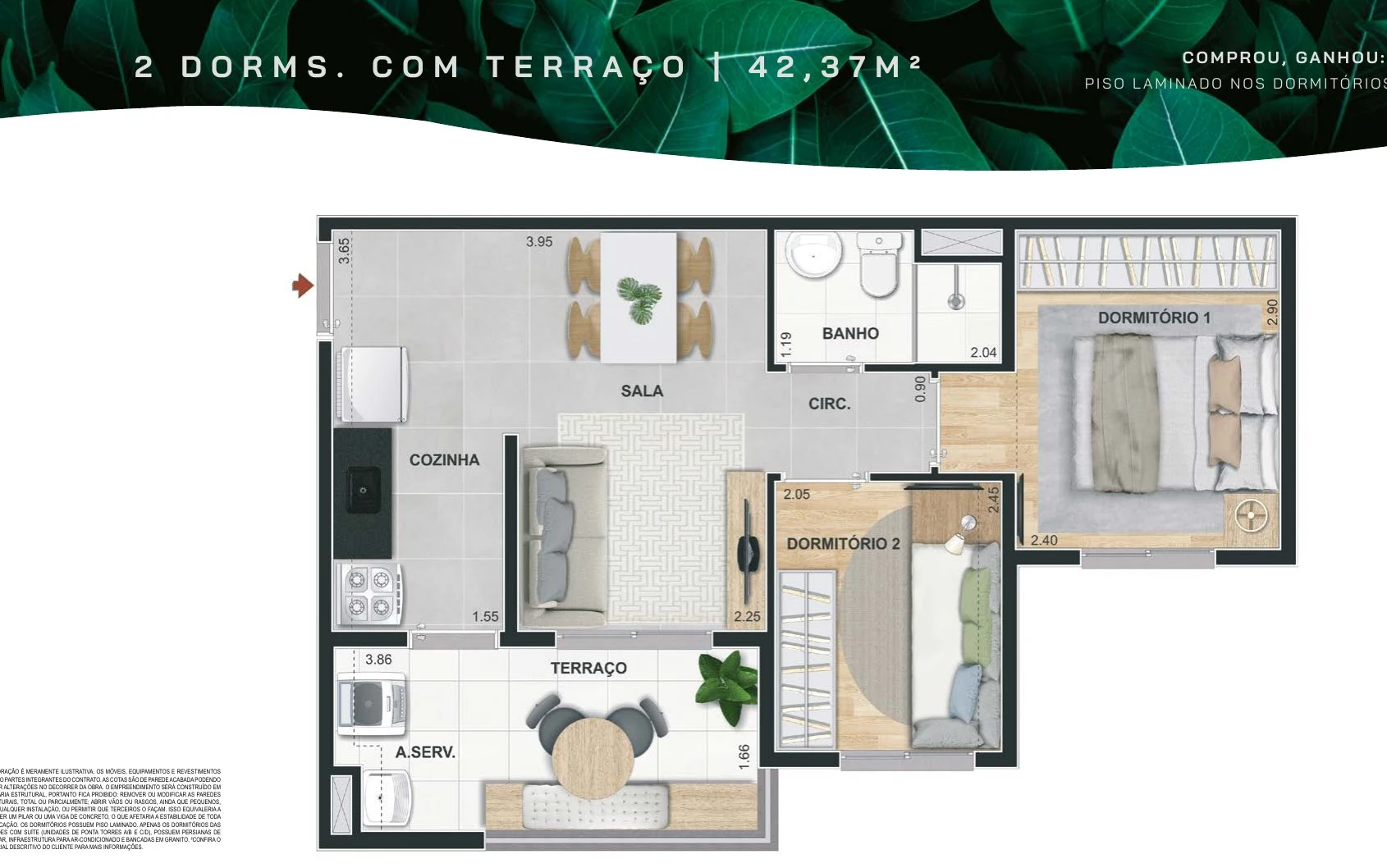 Planta 42m² - 2 dormitórios com terraço 0