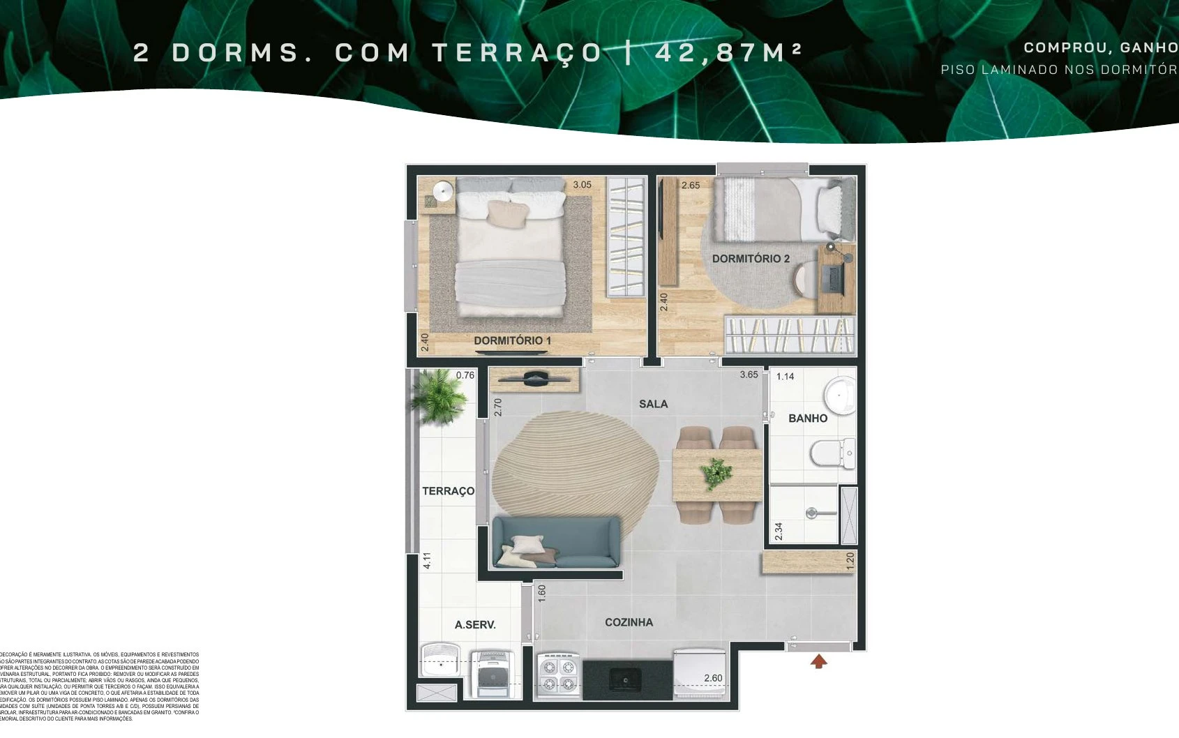 Planta 43m² - 2 dormitórios com terraço 0