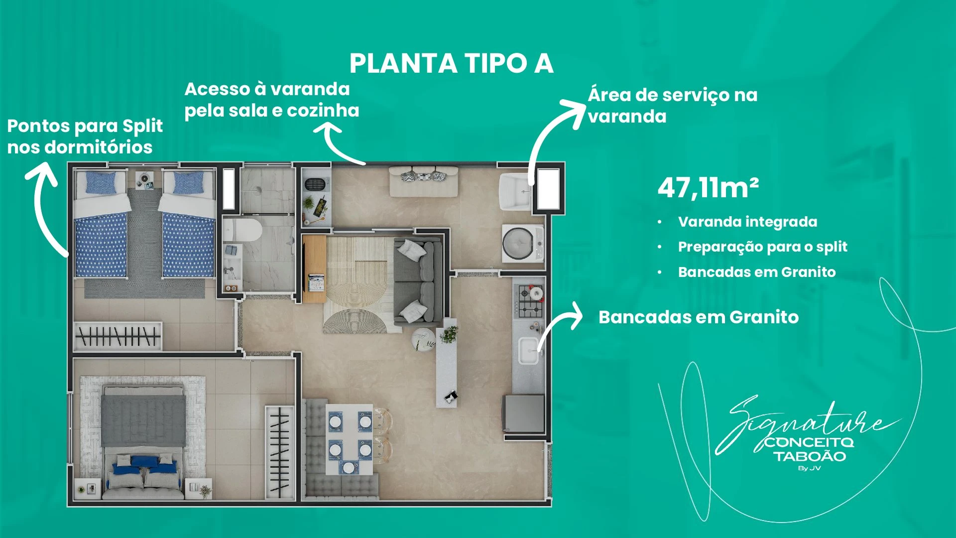 Planta Tipo A 47,11m² - 2 dormitórios com varanda 0