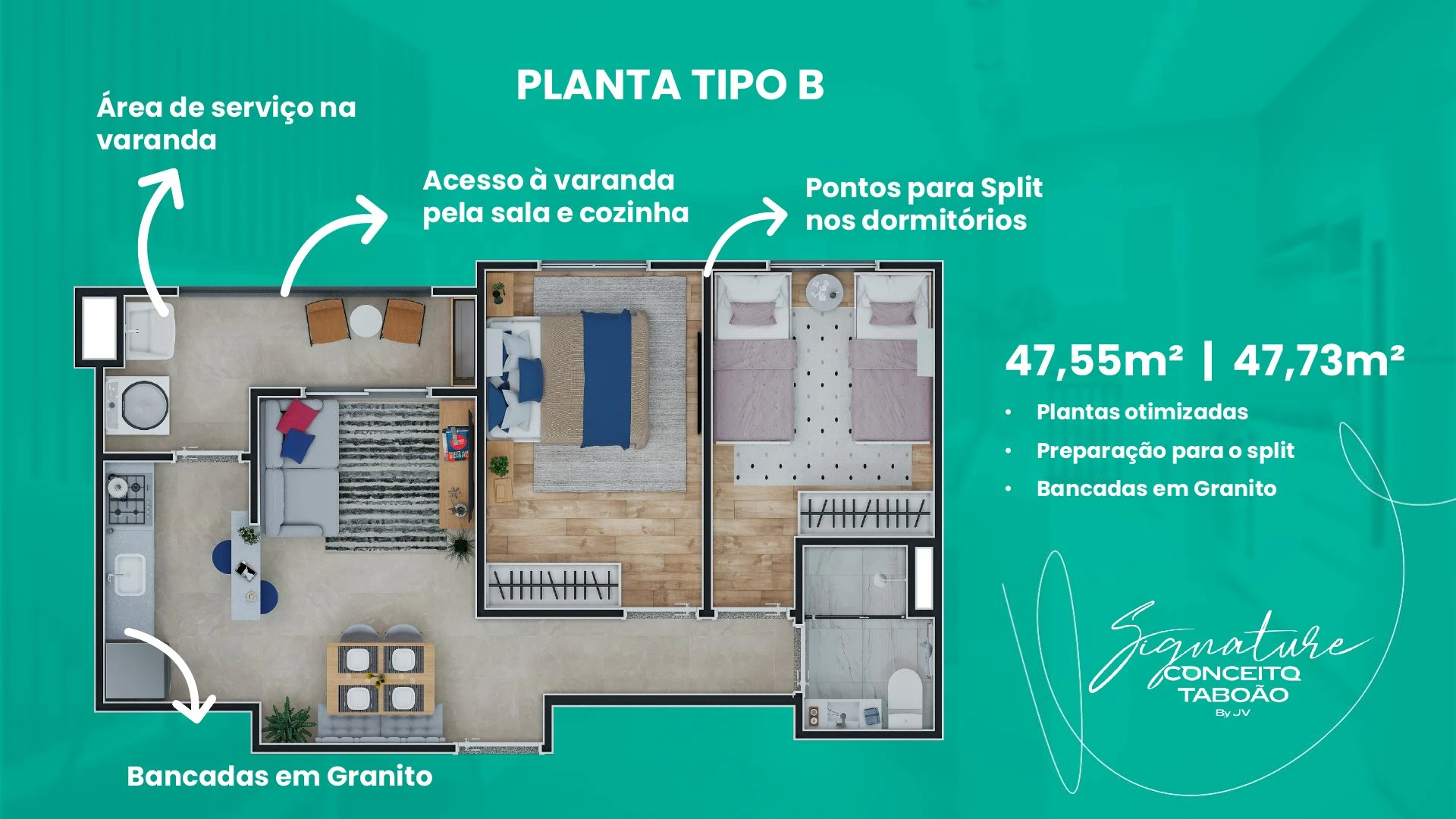 Planta Tipo B 47,55m² e 47,73m² - 2 dormitórios com varanda 0
