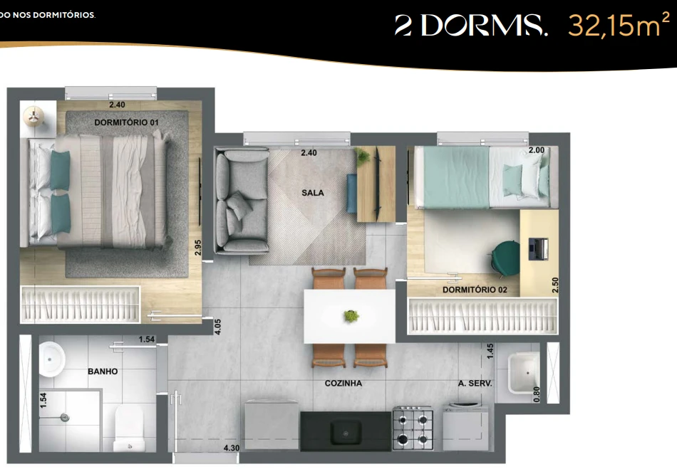 Planta 32,15m² - 2 dormitórios 0