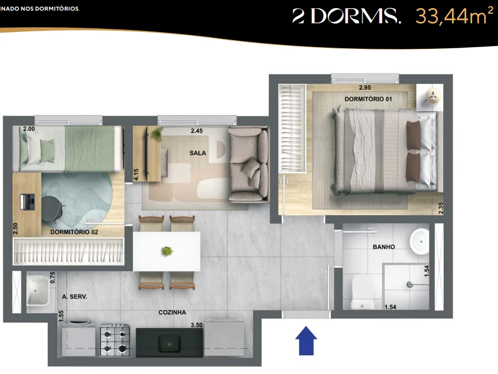 Planta 33,44m² - 2 dormitórios 0