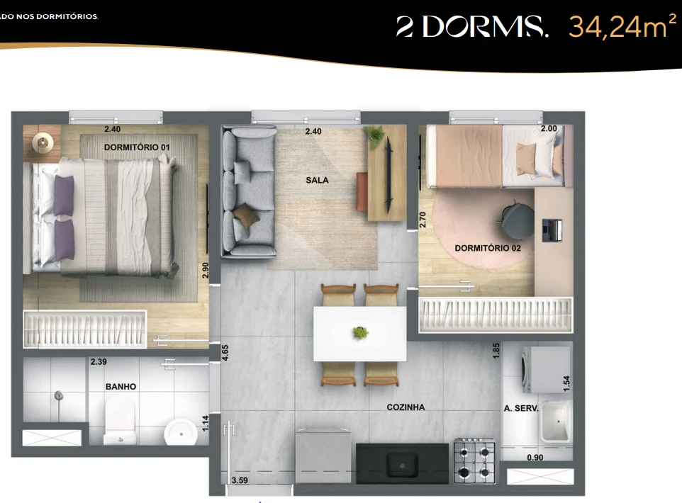 Planta 34,24m² - 2 dormitórios 0
