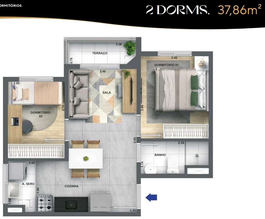 Planta 37,86m² com terraço - 2 dormitórios 0