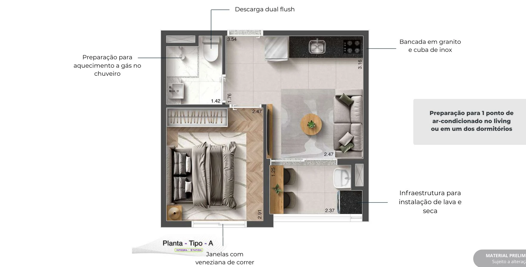 Planta 25,83m² - 1 dormitório com varanda 0