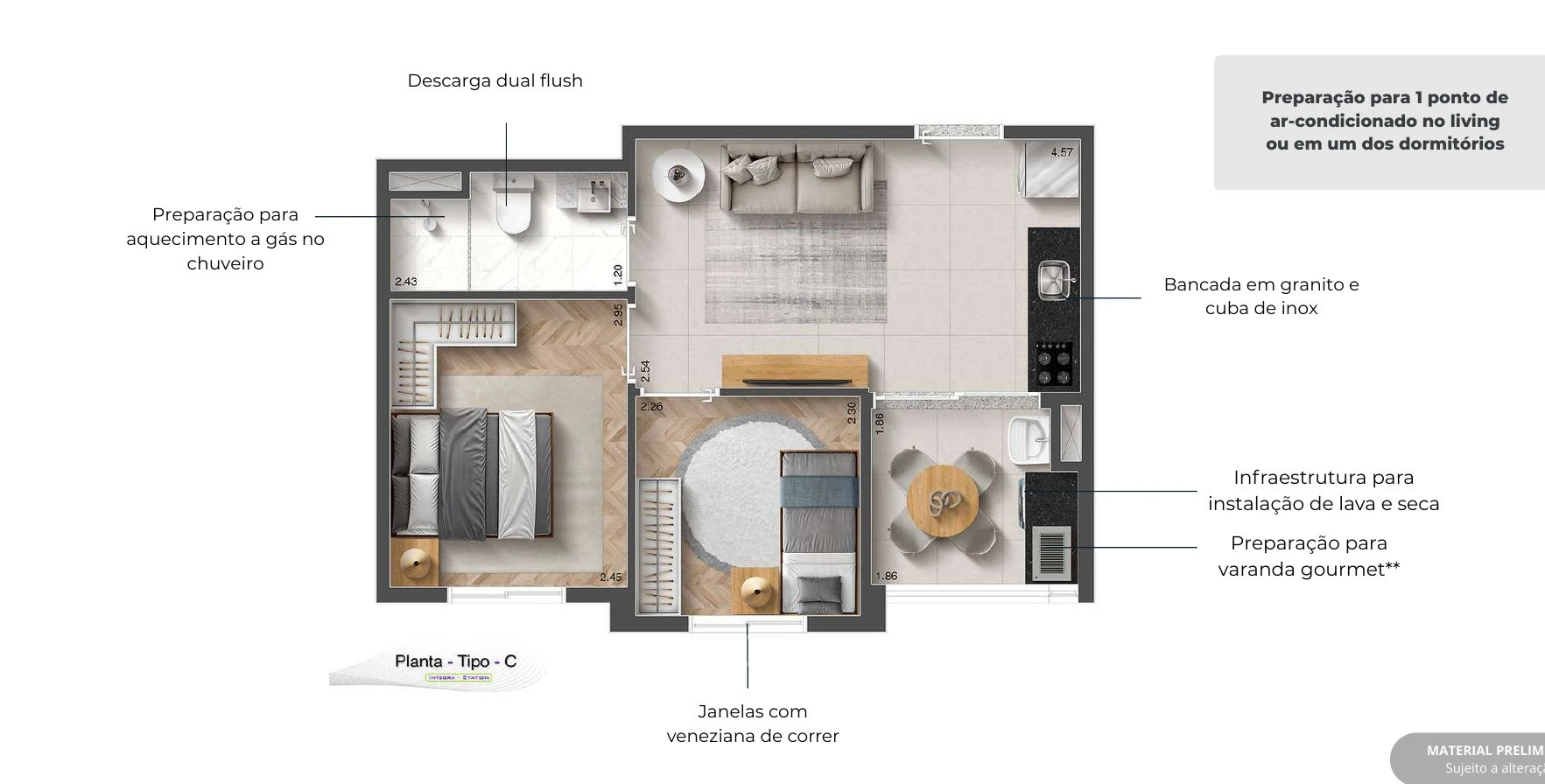 Planta 35,25m² - 2 dormitórios com varanda 0
