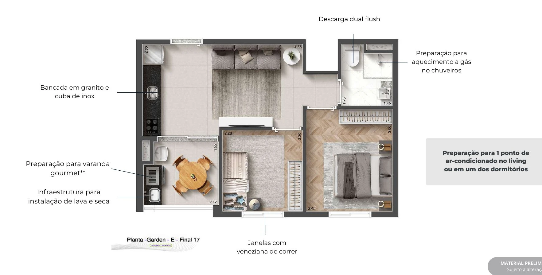 Planta 35,30m² - 2 dormitórios com varanda 0