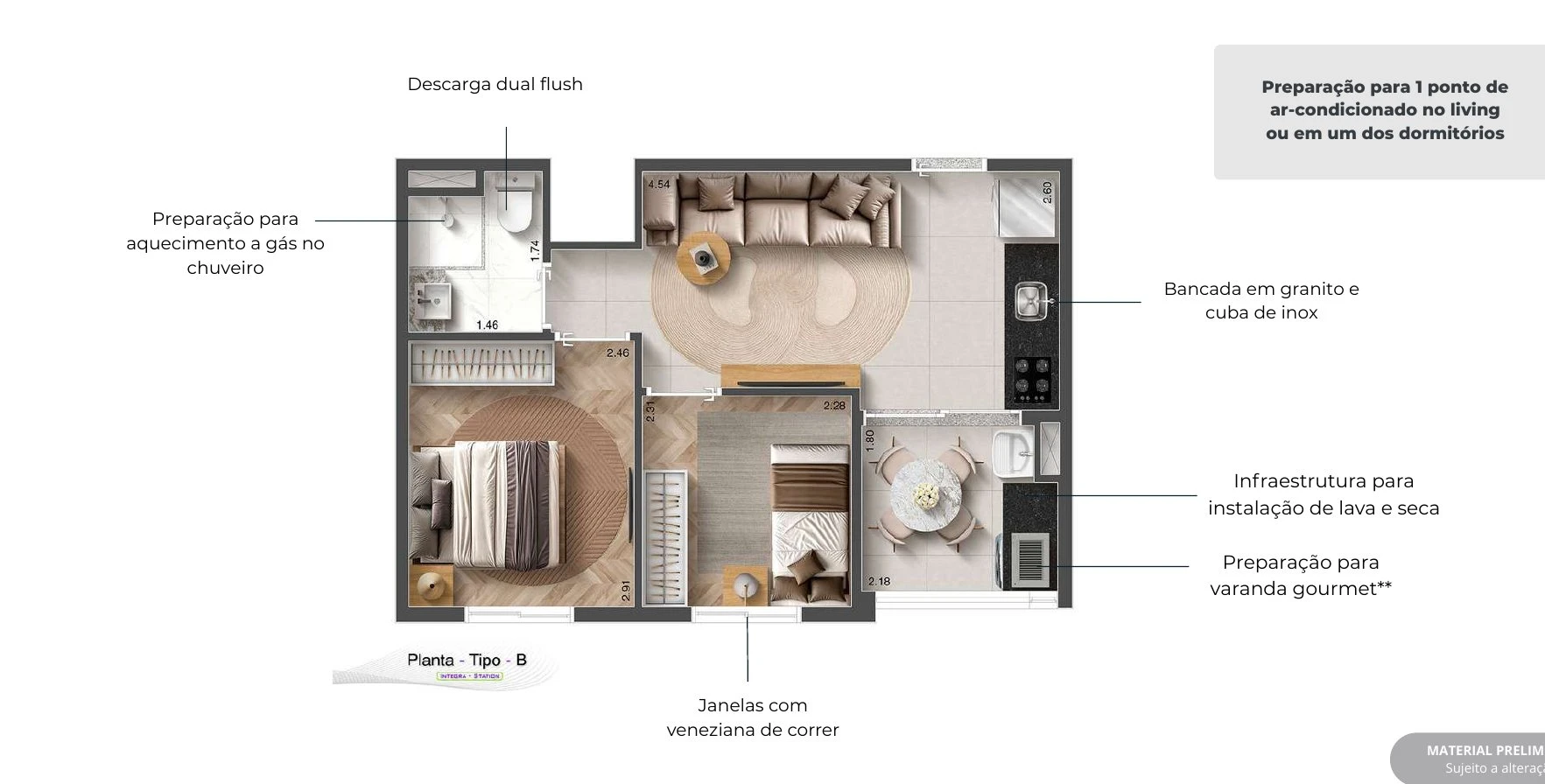 Planta 35,70m² - 2 dormitórios com varanda 0