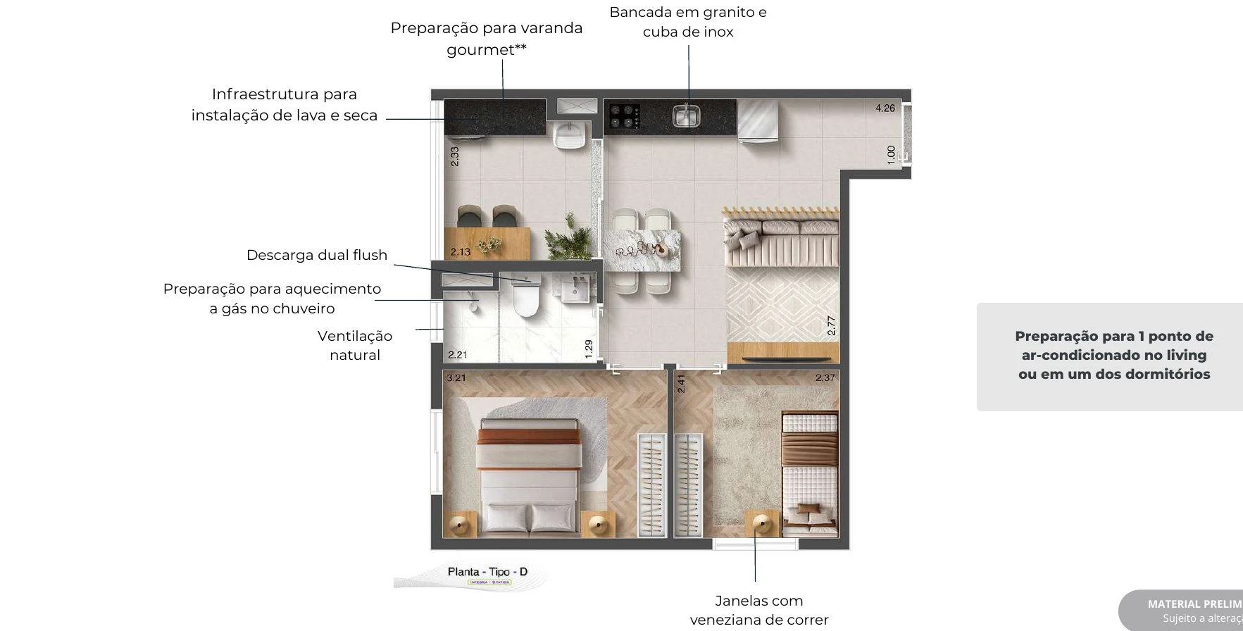 Planta 39,51m² - 2 dormitórios com varanda 0