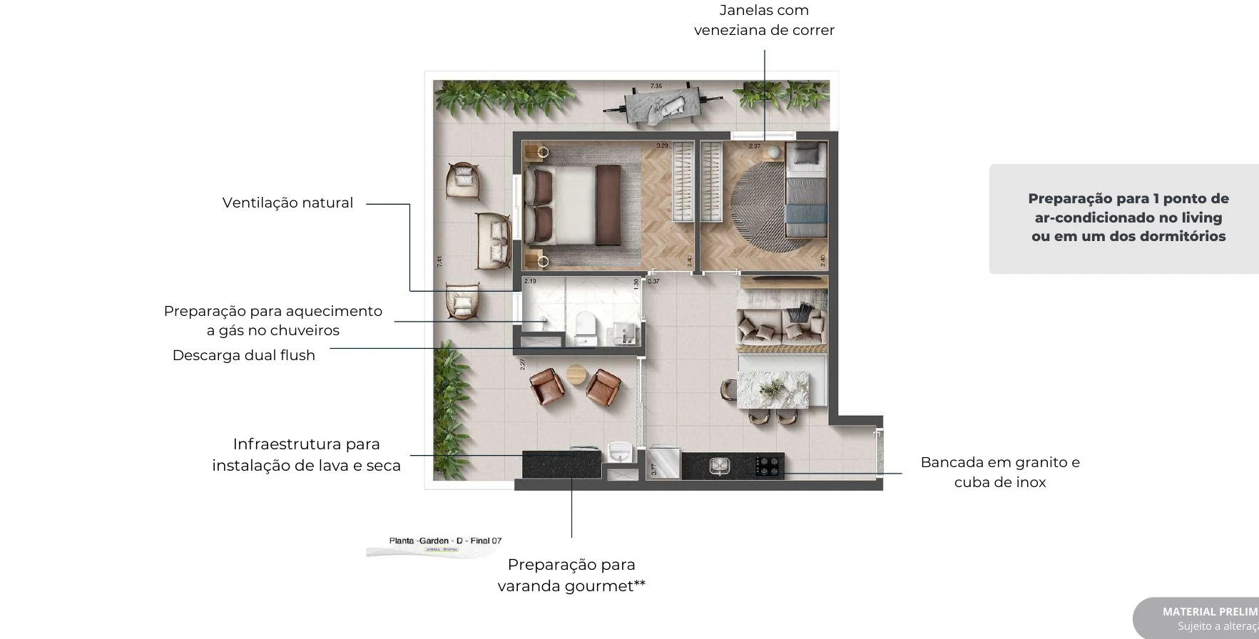 Planta Garden 56,46m² - 2 dormitórios com jardim 0