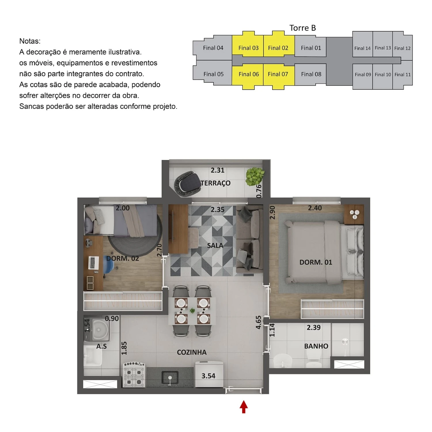 Planta 2 dormitórios com terraço - 36 m² 0