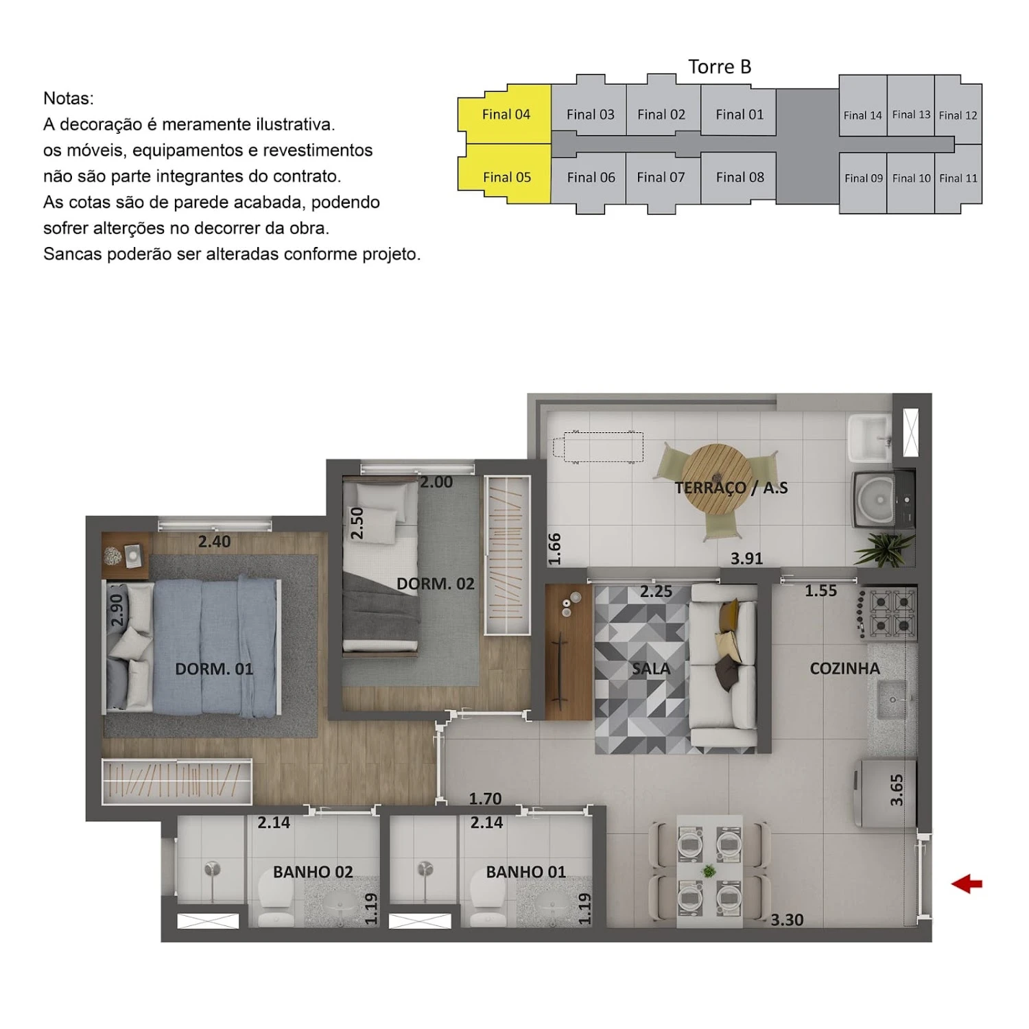 Planta 2 dormitórios com terraço e 2 banheiros - 45 m² 0