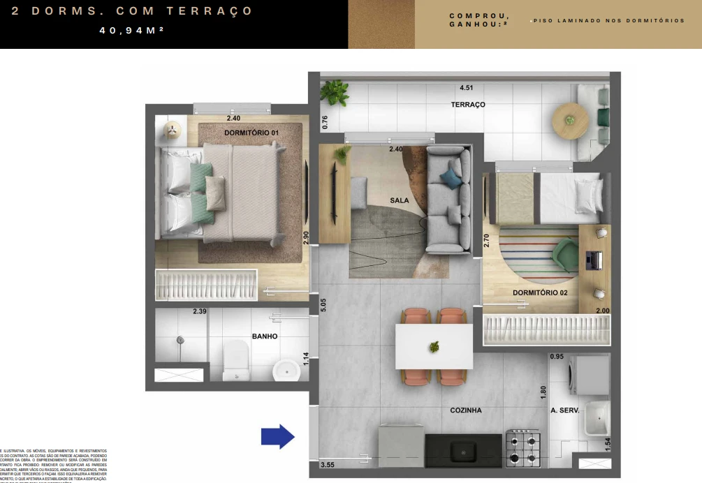 Planta 2 dormitórios com terraço - 40,94 m² 0