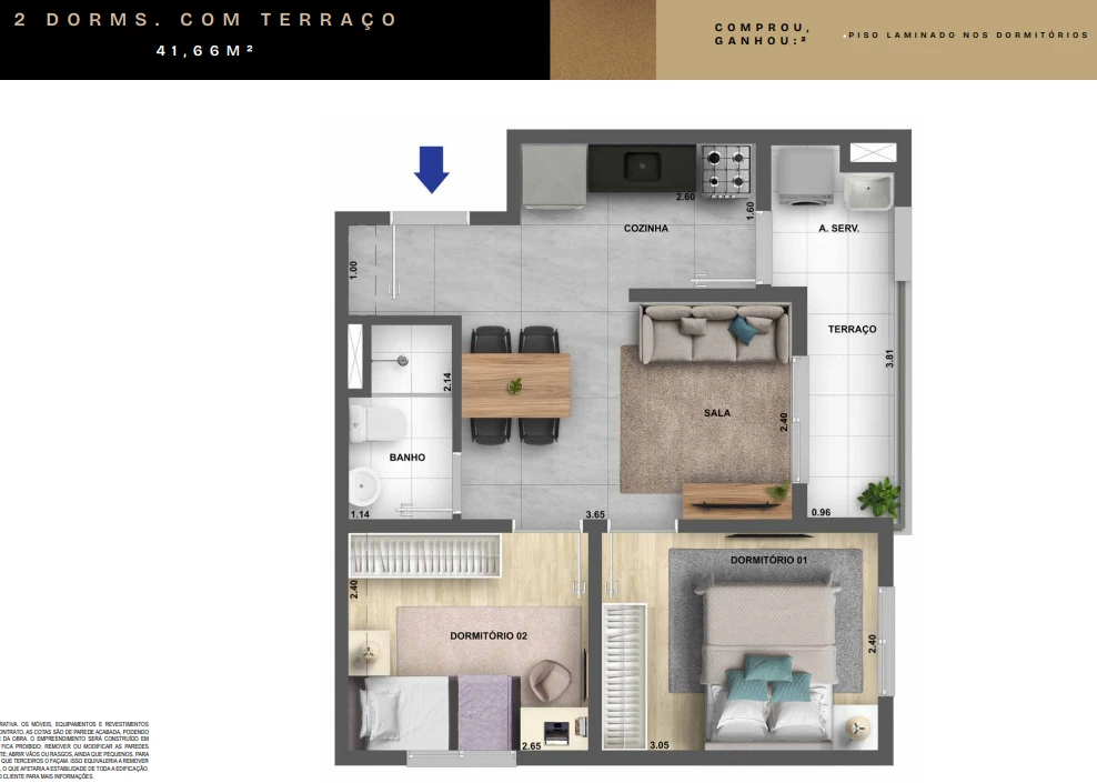 Planta 2 dormitórios com terraço - 41,66 m² 0
