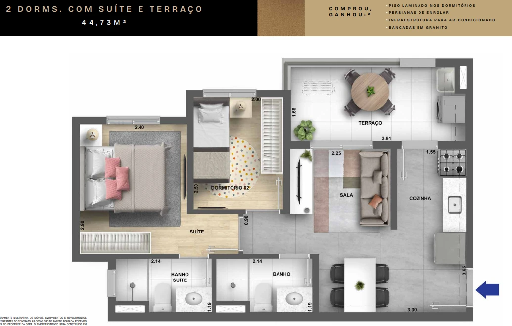 Planta 2 dormitórios com suíte e terraço - 44,73 m² 0