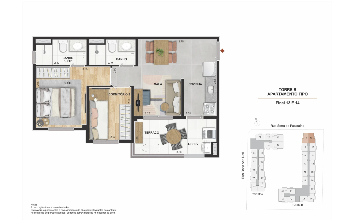 Planta 2 dormitórios com suíte e terraço 0