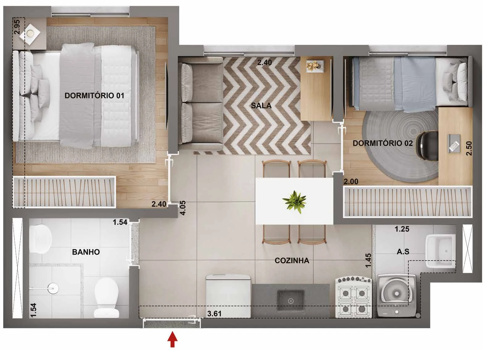Planta 32,16m² - 2 dormitórios 0