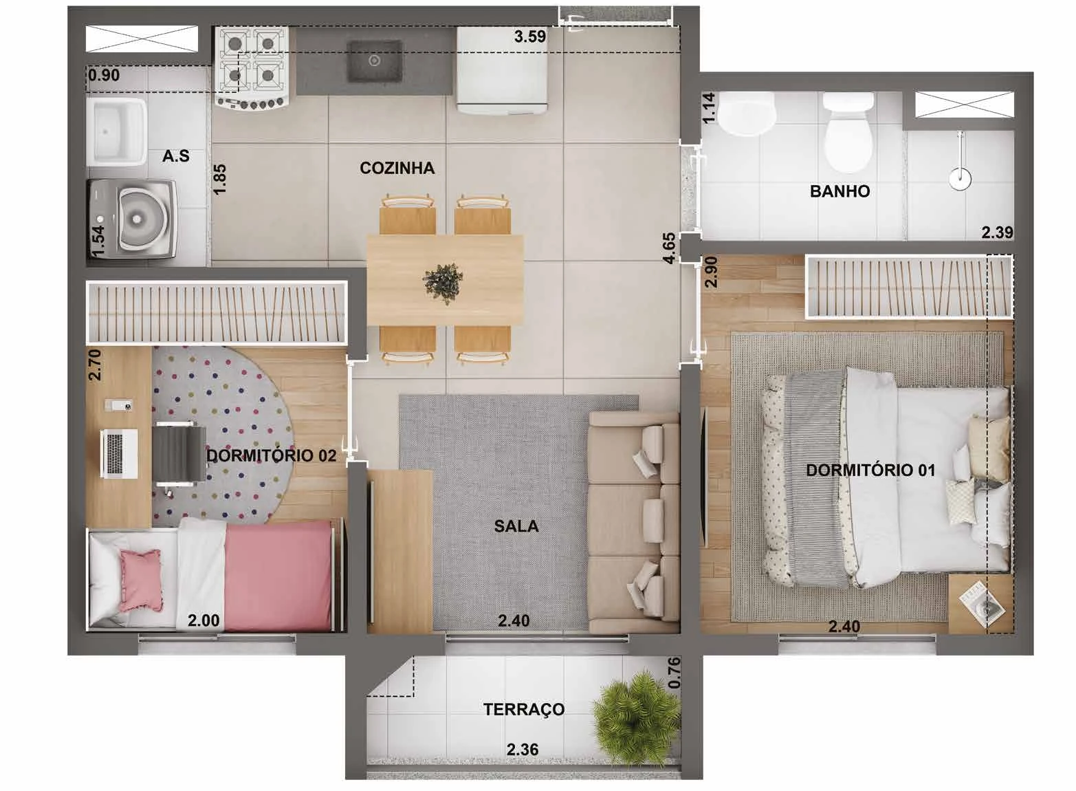Planta 36,86m² - 2 dormitórios com terraço 0