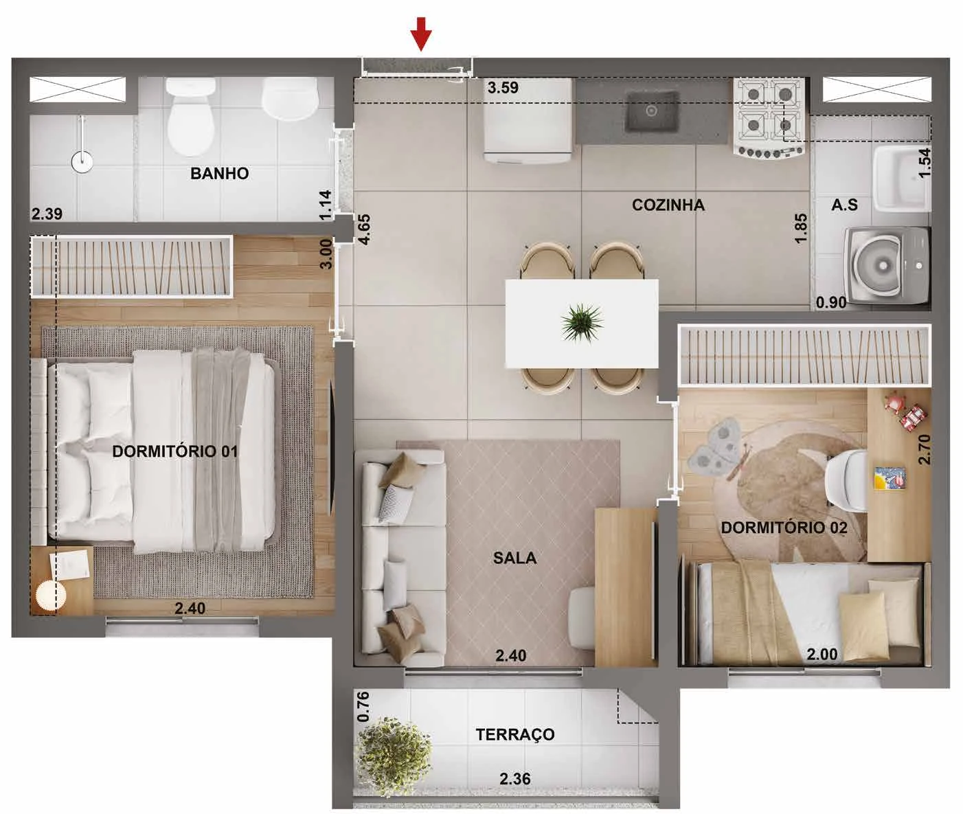 Planta 37,08m² - 2 dormitórios com terraço 0
