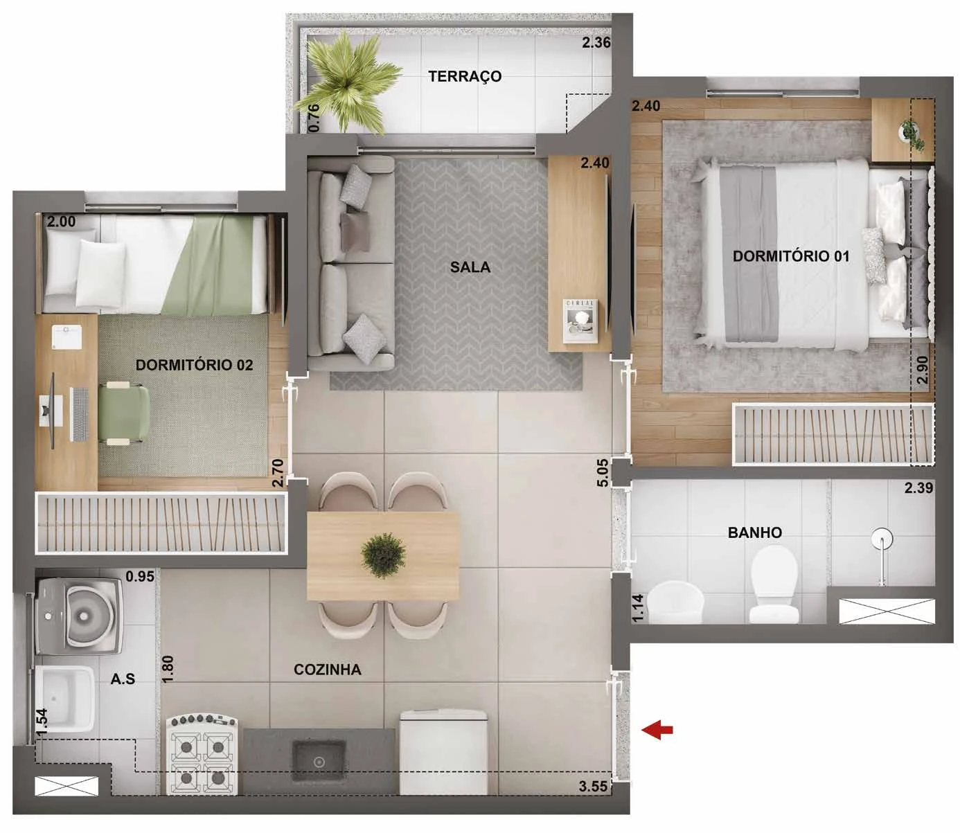 Planta 37,86m² - 2 dormitórios com terraço 0