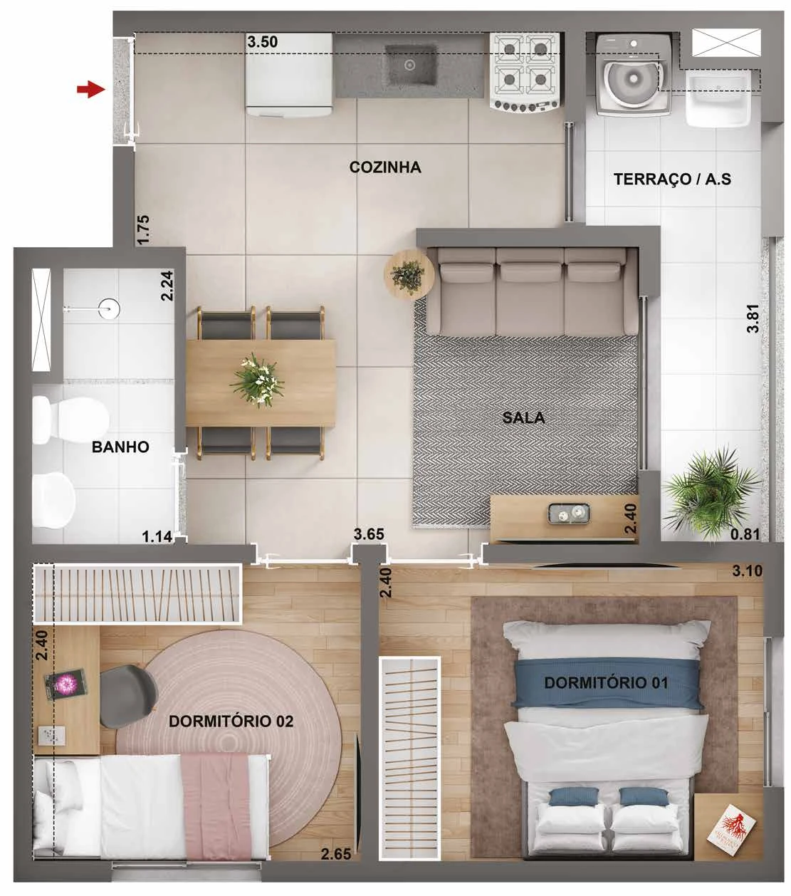 Planta 41,23m² - 2 dormitórios com terraço 0