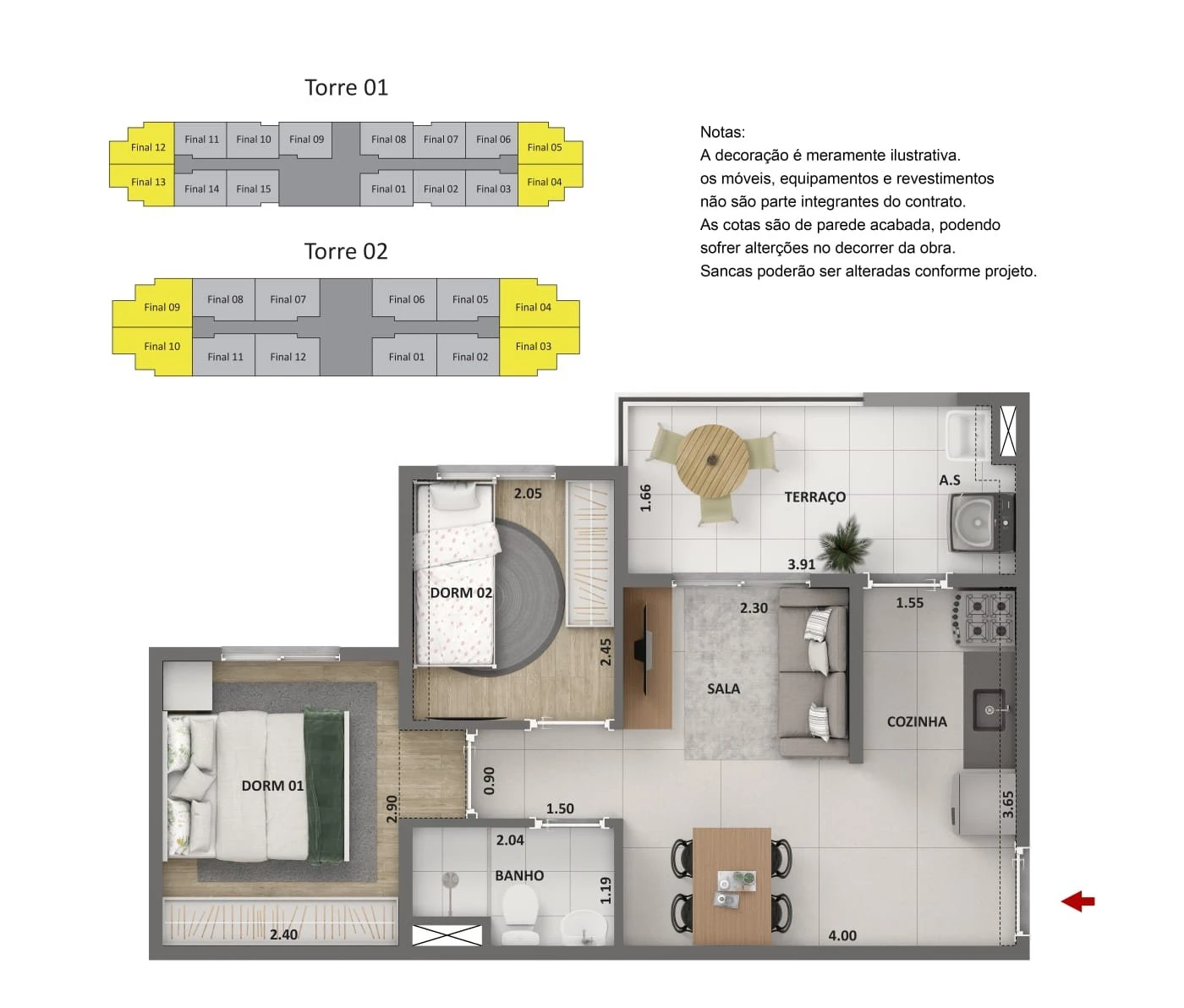 Planta tipo 1 - 2 dormitórios com terraço 0