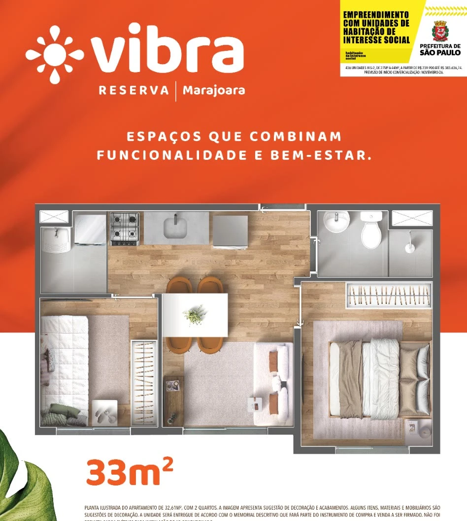 Planta 33 m² - 2 dormitórios 0