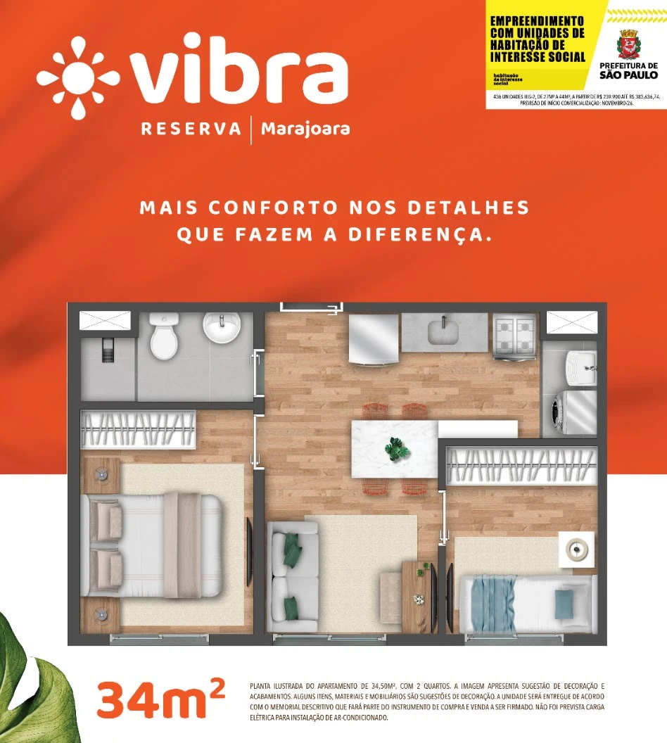 Planta 34 m² - 2 dormitórios 0