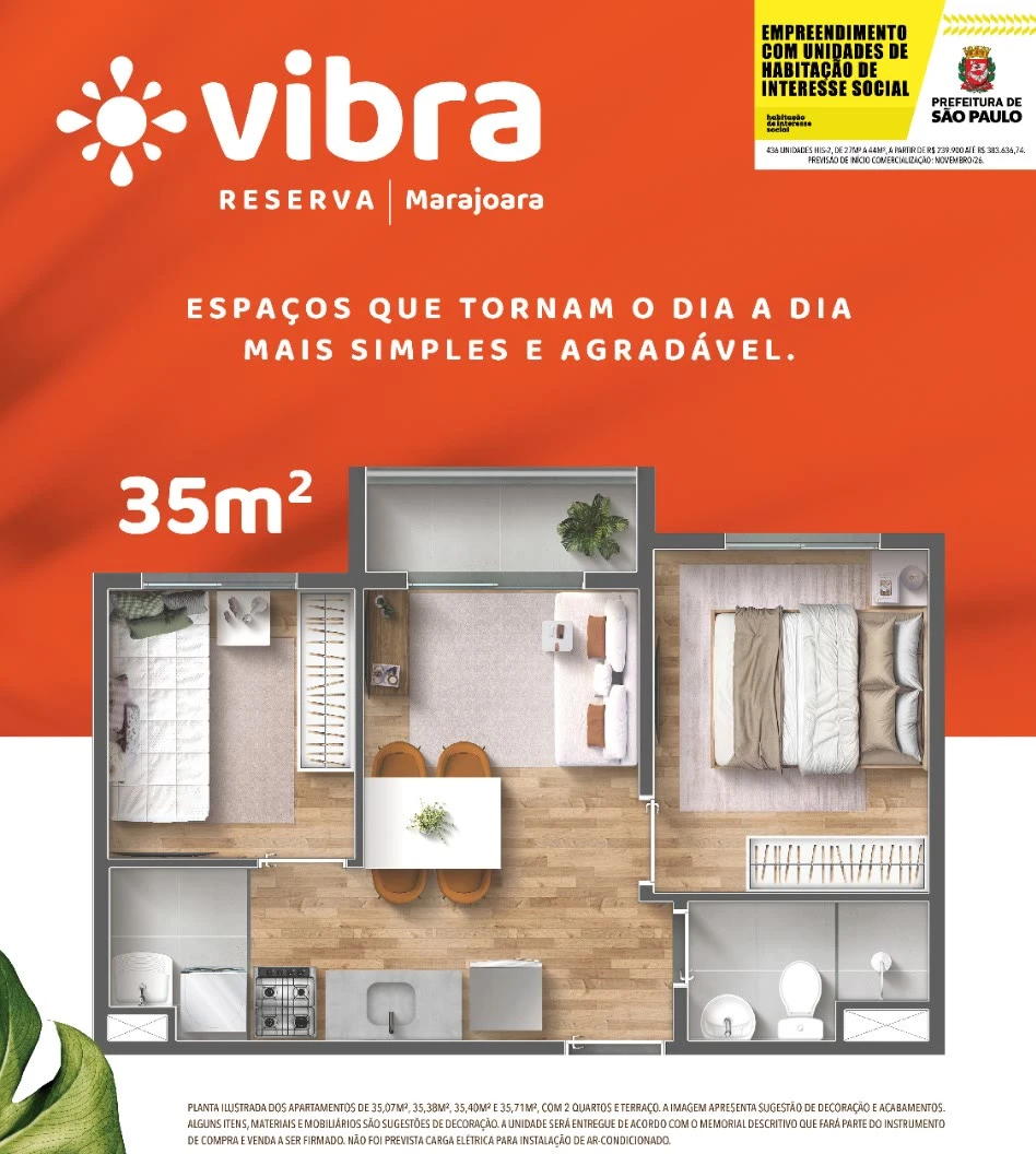 Planta 35 m² - 2 dormitórios 0