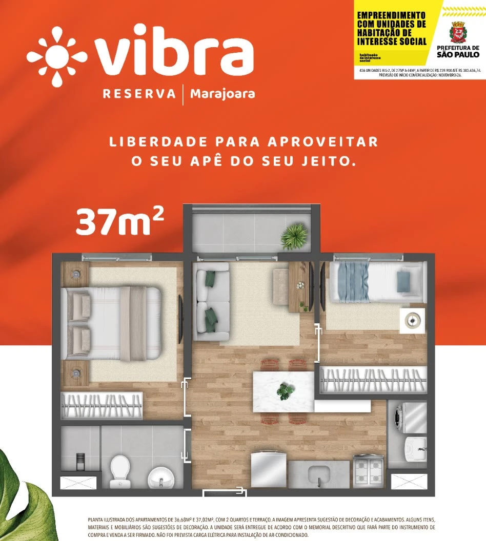 Planta 37 m² - 2 dormitórios 0