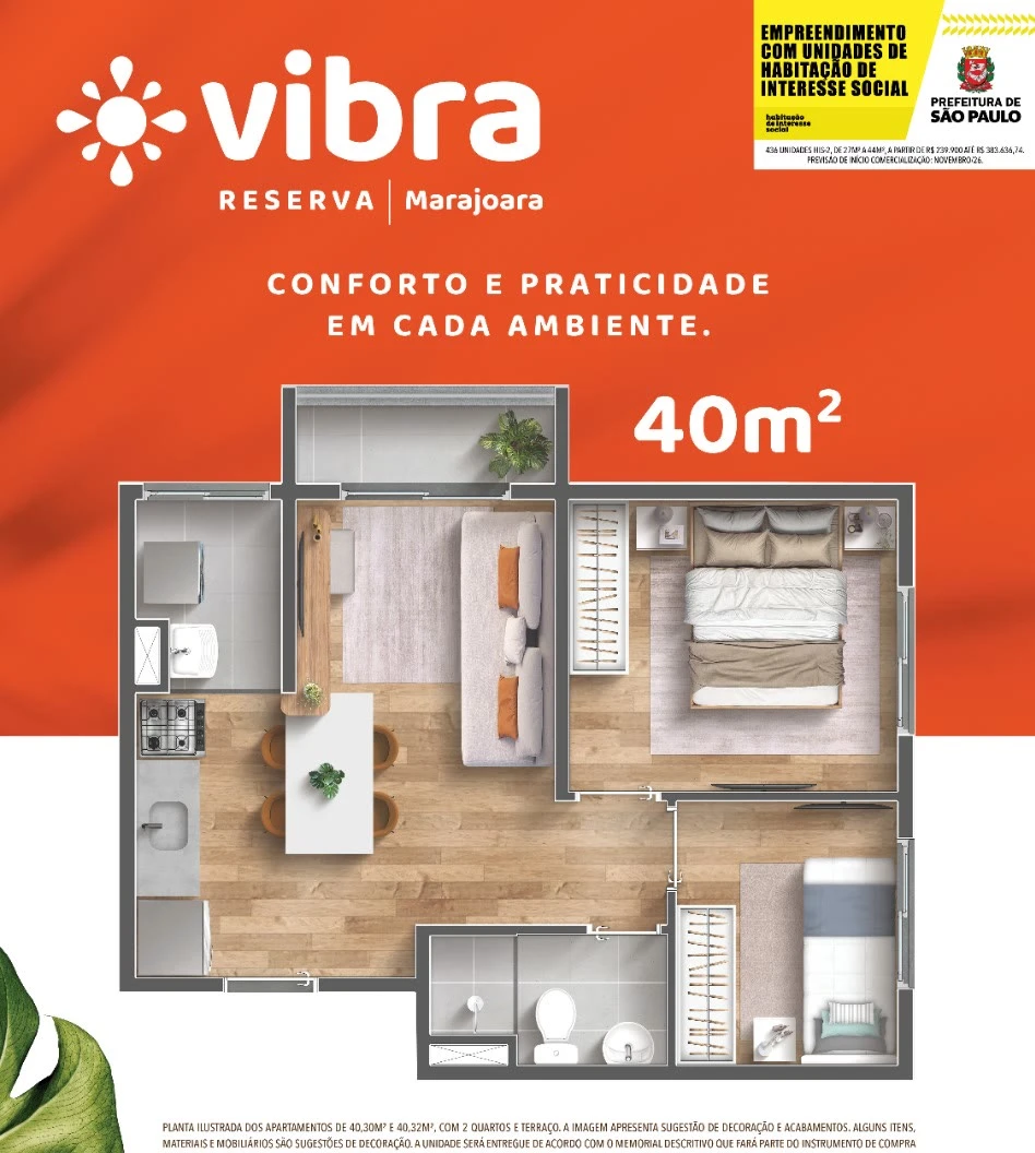 Planta 40 m² - 2 dormitórios 0