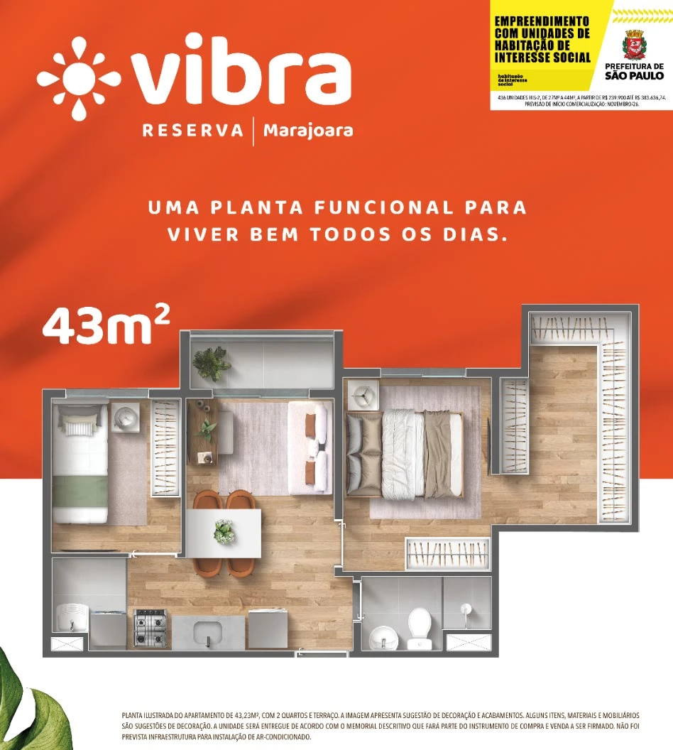 Planta 43 m² - 2 dormitórios 0