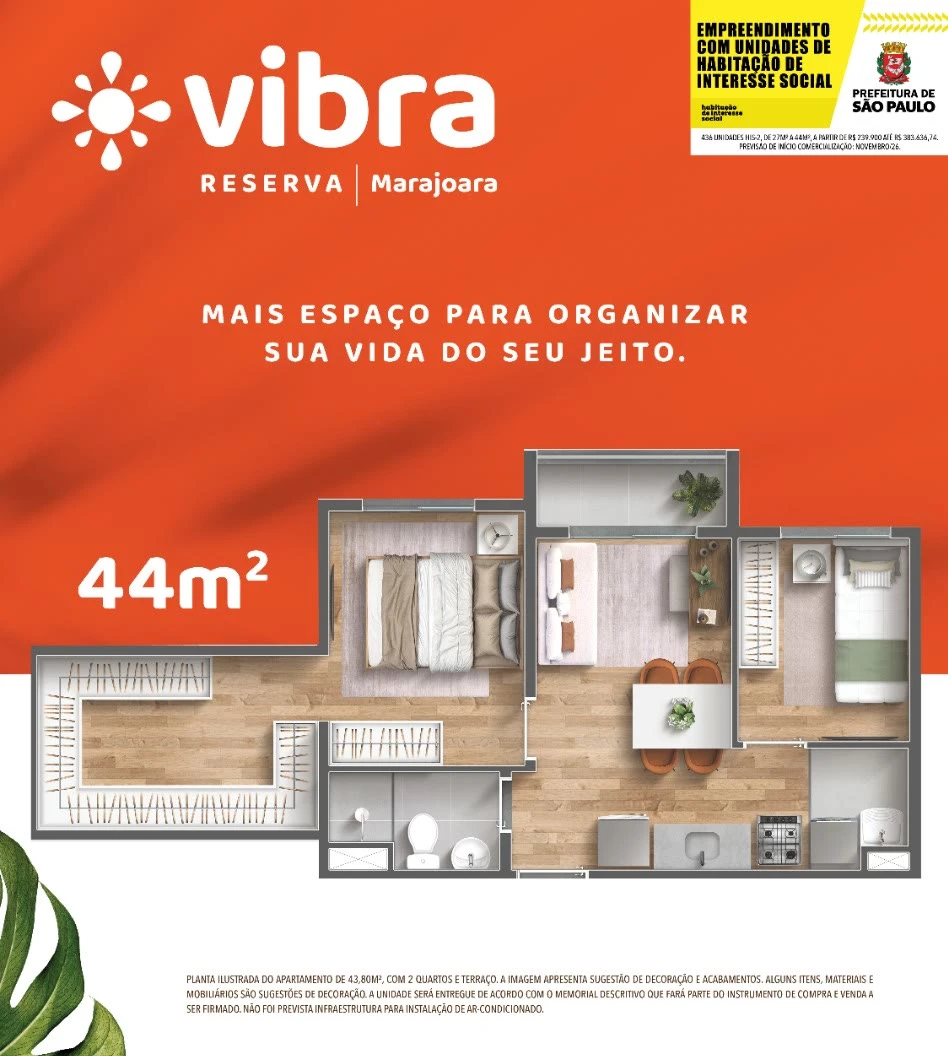 Planta 44 m² - 2 dormitórios 0