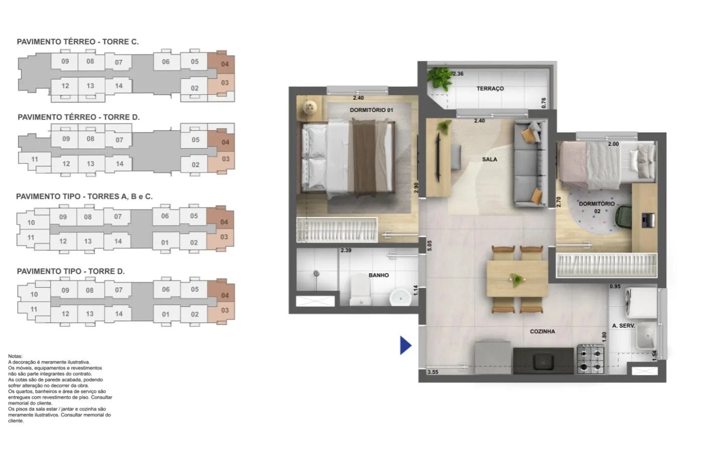 Planta tipo 1 - 2 dormitórios com terraço 0