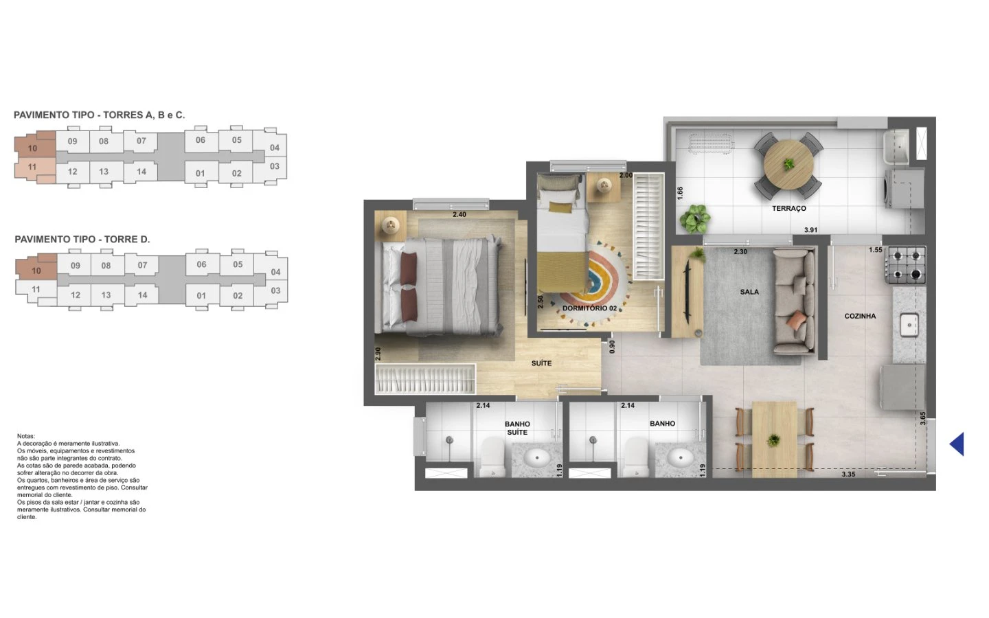 Planta tipo 2 - 2 dormitórios com suíte e terraço 0