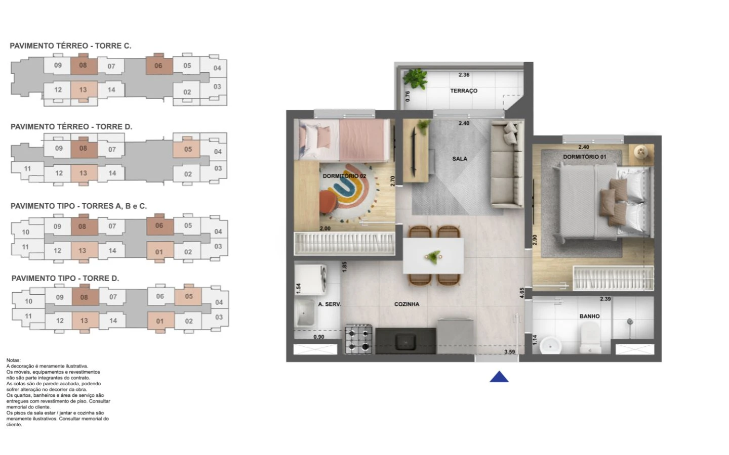 Planta tipo 5 - 2 dormitórios com terraço 0