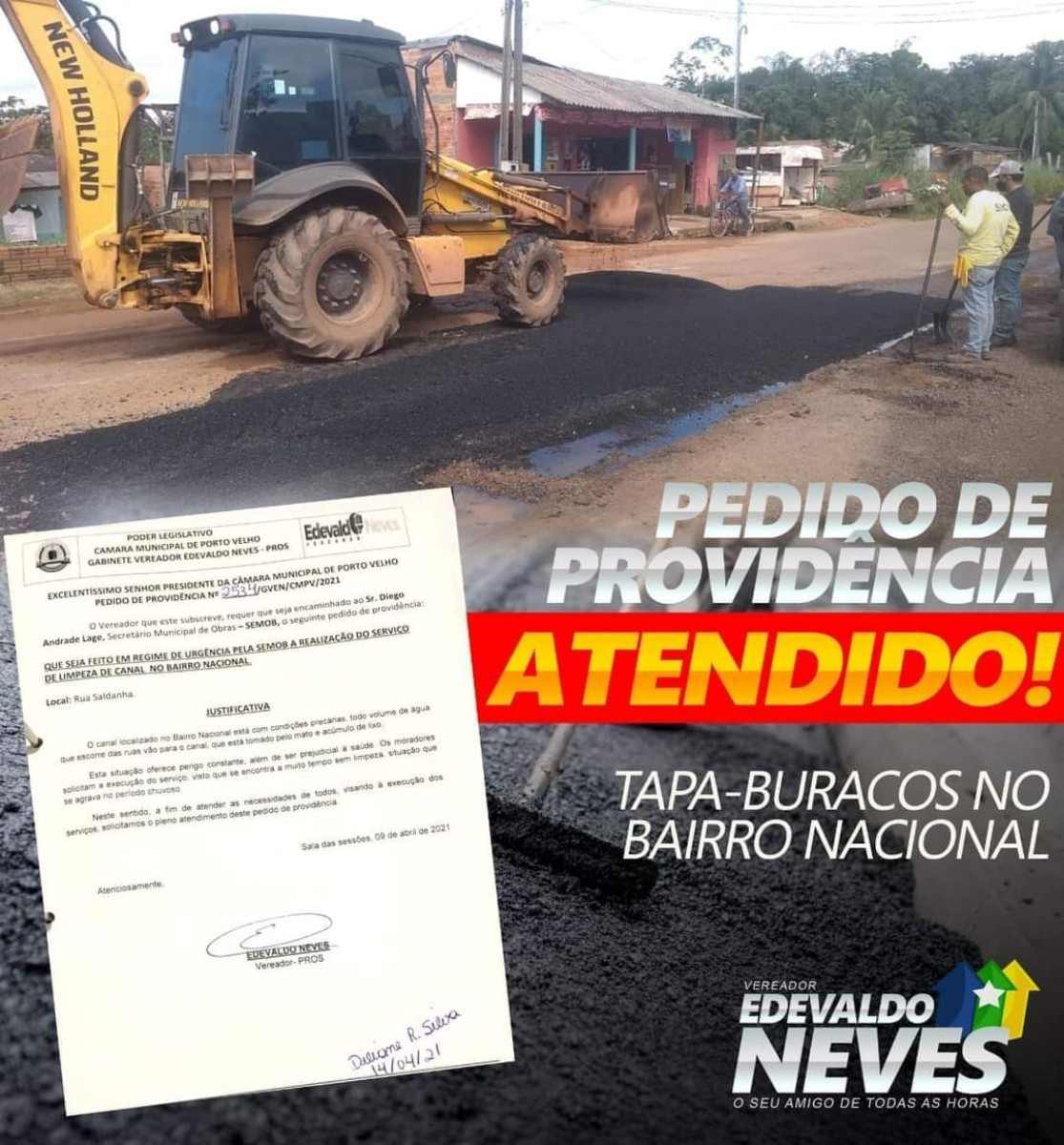 Capa da notícia Serviço de tapa buraco chega ao Bairro Nacional a pedido do Vereador Edevaldo Neves. 